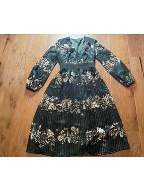 Ted Baker London Green Floral Midi Dress Pleated Romantic US 0